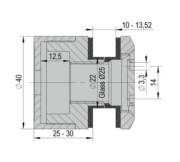 Punthouder / Adapter RVS ø40 of ø50mm met afstandhouder 25 of 40mm / 10 - 21,52mm glasdikte 6 Punthouder / Adapter RVS ø40 of ø50mm met afstandhouder 25 of 40mm / 10 - 21,52mm glasdikte