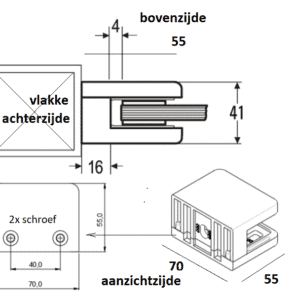 Alternative view of Glasklem 70x55mm RVS 316 binnen- en buitentoepassing - vlakke montage - voor 16.76mm t/m  21.52mm glasdikte
