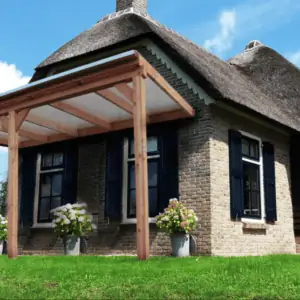 Veranda Douglas bouwpakket Muuraanbouw met polycarbonaat dak -  Douglas Duplo hout -  Aluminium Sierklikprofiel RAL zwart, wit, antraciet - DD50 Pext
