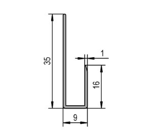 Spiegelprofiel J aluminiumkleurig technische tekening