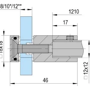 Glasaansluiting Square 12 met glasboring technische tekening