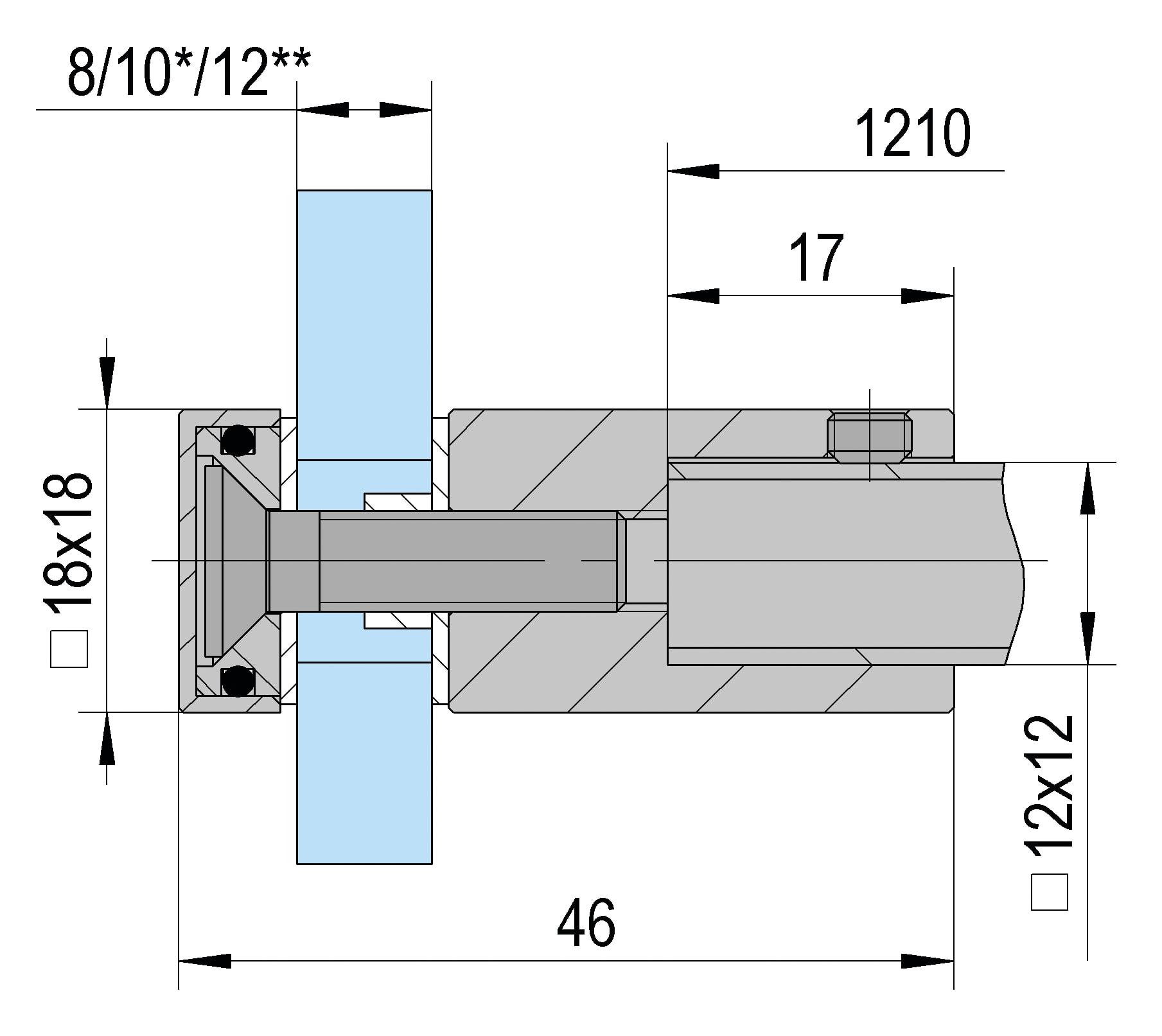 Glasaansluiting stabilisatiestang Square 12 met glasboring 4 Glasaansluiting Square 12 met glasboring technische tekening