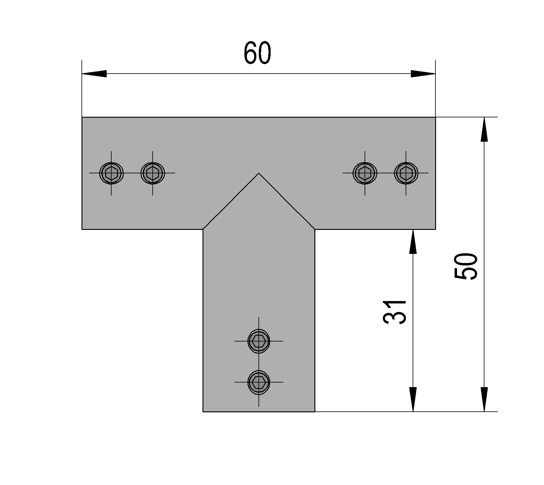 Driehoekverbinder voor stabilisatiestang Round 12mm 4 Driehoekverbinder Round 12 technische tekening