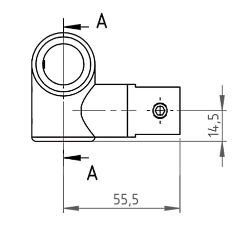 Hoekverbinder voor stabilisatiestang Round 19mm 9 Hoekverbinder Round 19 technische tekening met glasaansluiting