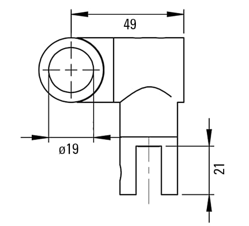 Driehoekverbinder voor stabilisatiestang Round 19mm 9 Driehoekige connector Round 19 met glasaansluiting technische tekening