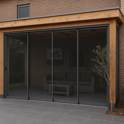 Grijs getinte glazen schuifwand – Complete glasschuifwand