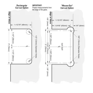 Douchedeur scharnier Vienna 90° wand/glas met nul graden sluiting technische tekening
