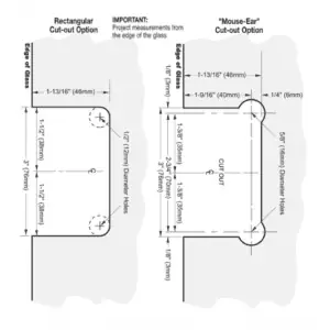 Douchedeur scharnier Vienna 180° glas/glas met nul graden sluiting technische tekening