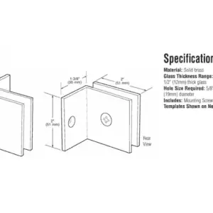 Douche glasklem Vienna 90° wand/glas met kleine steunpoot technische tekening