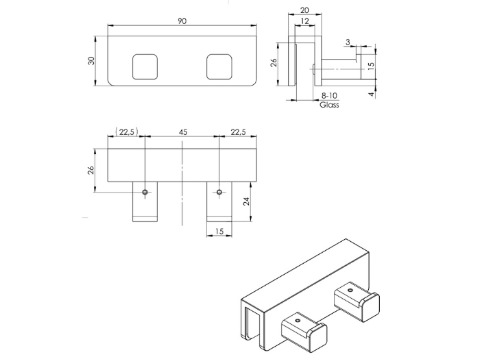 Handdoekhouder 12 Handdoekhouder twee haken technische tekening