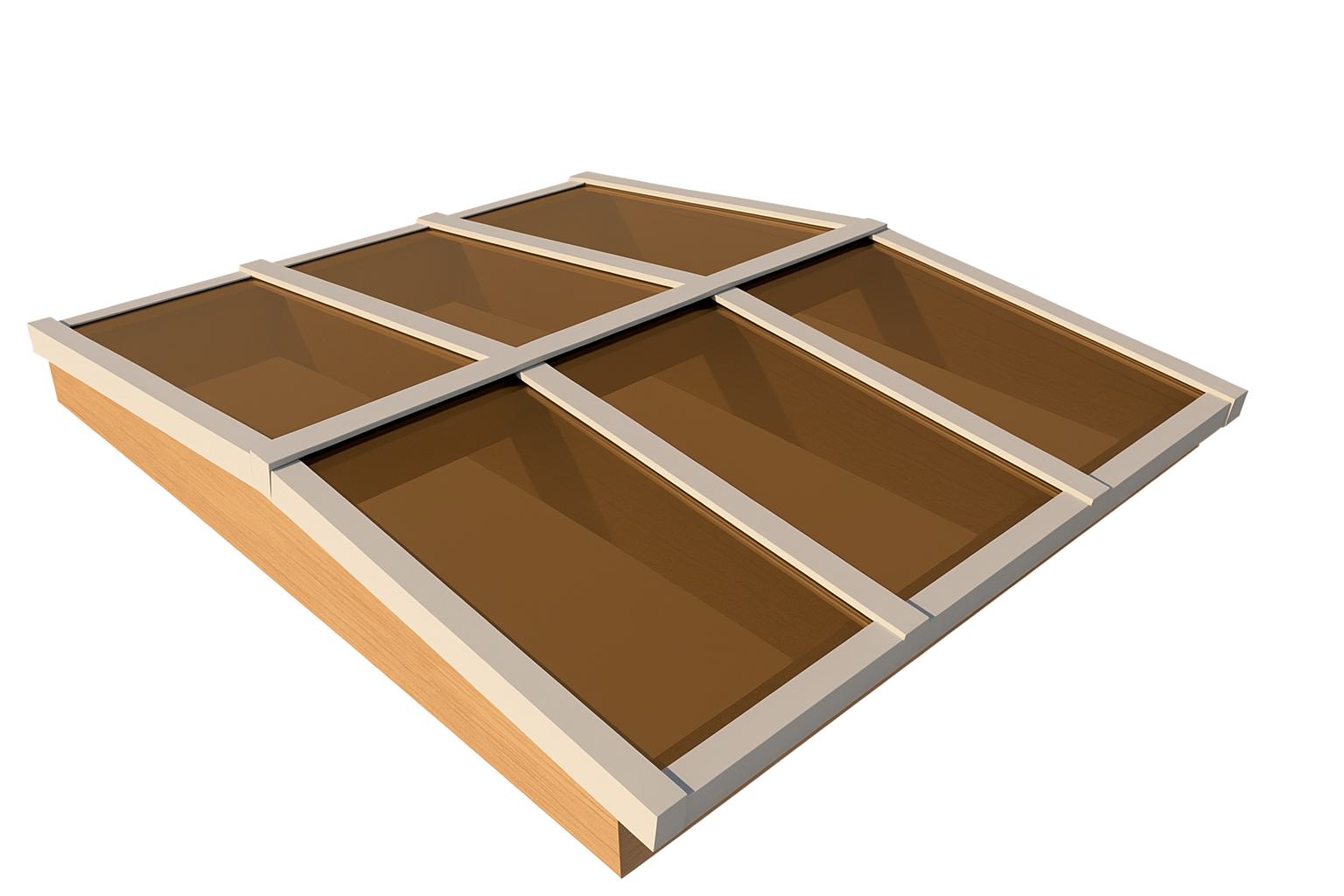 Lichtstraat zadeldak compleet pakket - Douglashout met veiligheidsglas 7 Lichtstraat zadeldak brons glas - Compleet Pakket – Douglashout met bronskleurig enkel gelaagd glas