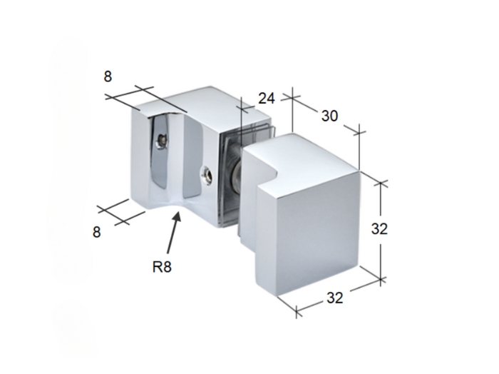 Douchedeurknop vierkant 30mm 15 Douchedeurknop vierkant 30mm - afmetingen