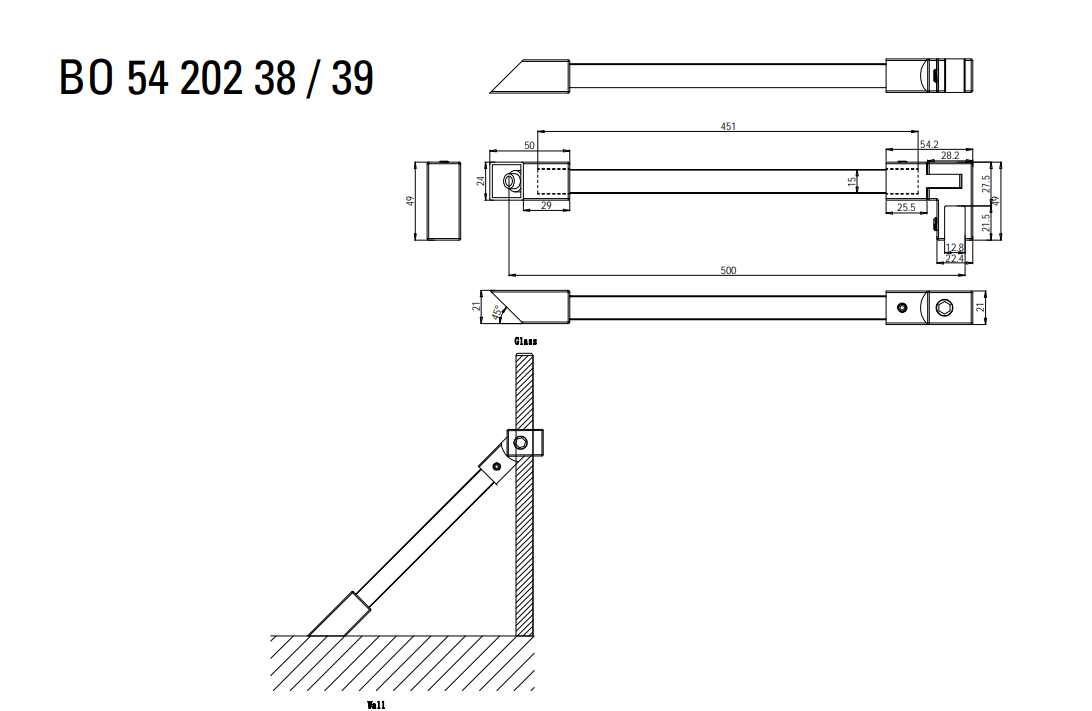Stabilisatiestang set 45° wand/glas Square 15 11 Stabilisatiestang set 45° wand/glas Square 15 technische tekening
