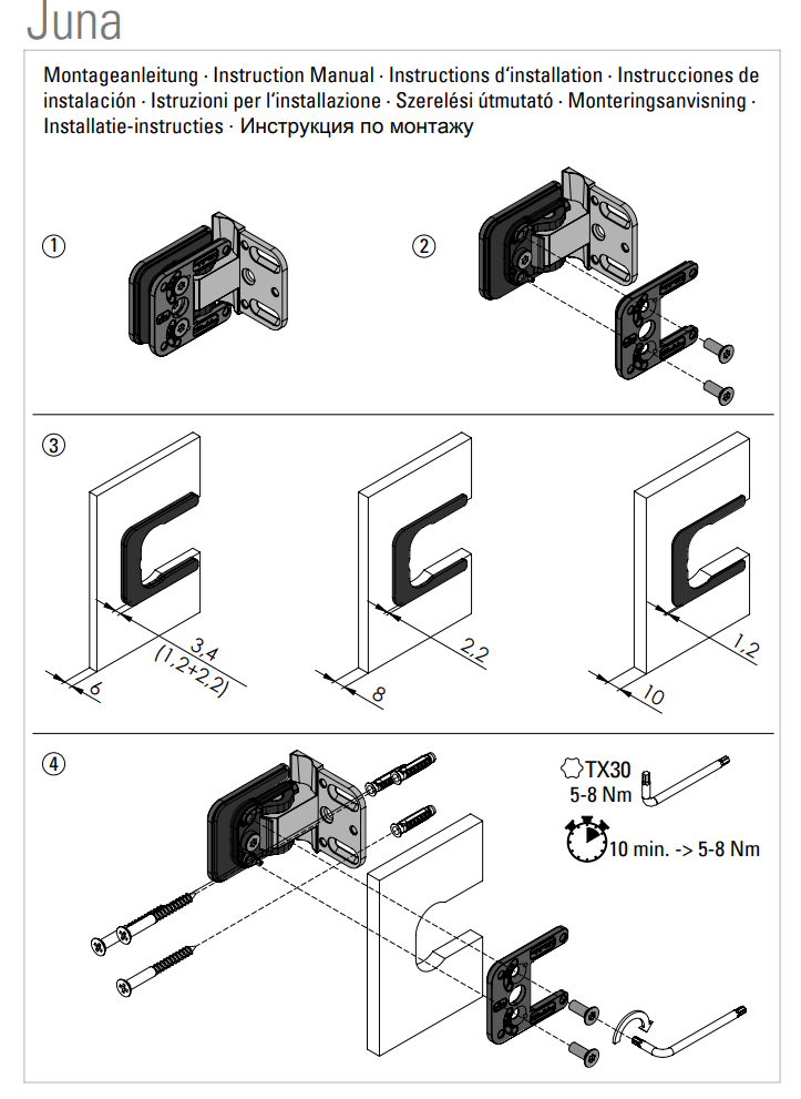 Douchedeur scharnier Juna glas/wand 90° - per 2 stuks 28 Douchedeur scharnier Juna glas/wand 90° instructie tekening