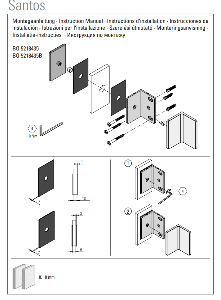 Douche glasklem hoekverbinder Santos glas/wand 90° 12 Hoekverbinder Santos glas/wand 90° instructie tekening