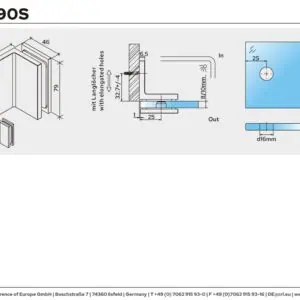 Douche glasklem Como 90° wand/glas technische tekening