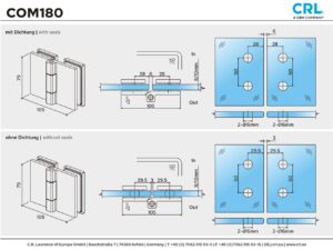 Douchedeur scharnier Como 180° glas/glas technische tekening