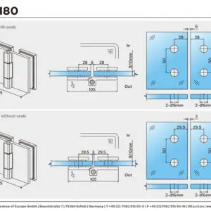 Douchedeur scharnier Como 180° glas/glas technische tekening