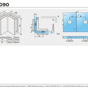 Douche glasklem Como 90° glas/glas technische tekening