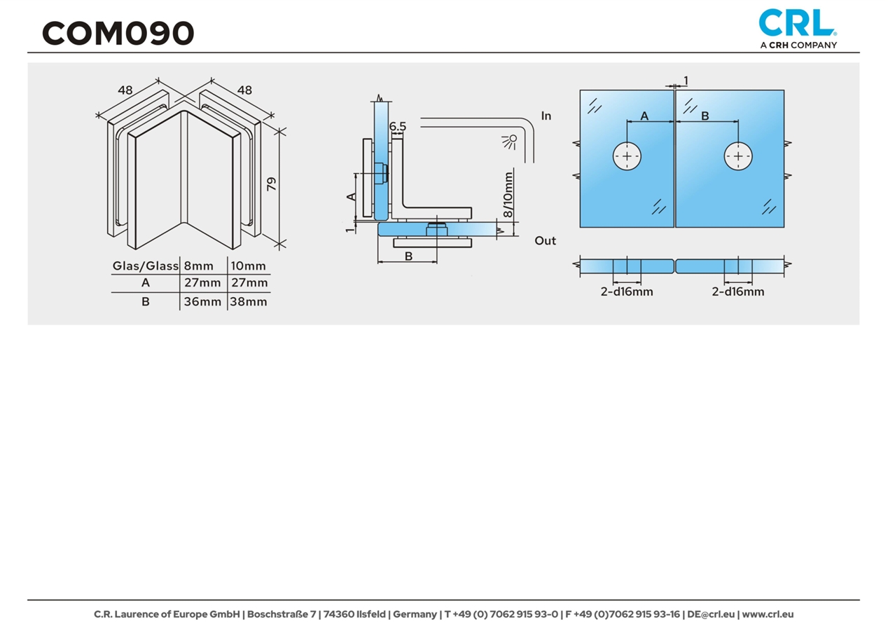 Douche glasklem Como 90° glas/glas 4 Douche glasklem Como 90° glas/glas technische tekening