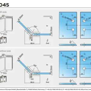 Douchedeur scharnier Como 135° glas/glas technische tekening