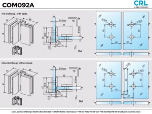 Douchedeur scharnier Como 90° glas/glas enkelwerkend technische tekening