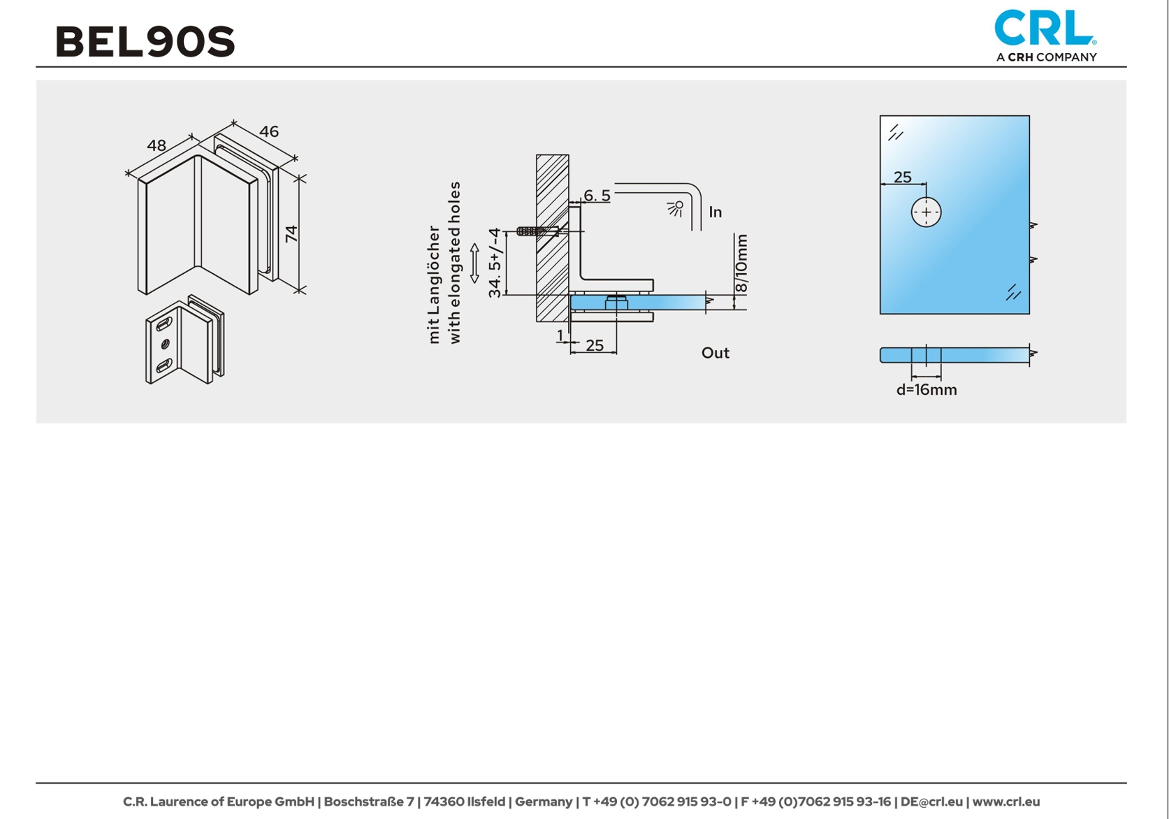 Douche glasklem Bellagio 90° wand/glas 6 Muurklem Bellagio 90°