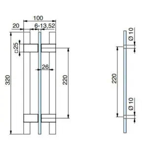 Alternative view of Vierkante T-greep L=320mm, Glasdikte 6-13,52mm SAUNA