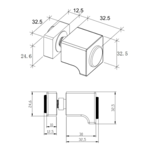 Enkelzijdige douchedeurknop vierkant 32 x 32mm met dubbelzijdige bumpers