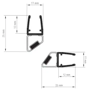 Magnetische afdichtprofiel set - 45°, 6-8 mm glasdikte, lengte 2500 mm, glas/glas