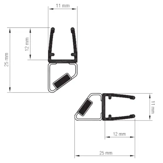 Magnetische afdichtprofiel set - 45°, 6-8 mm glasdikte, lengte 2500 mm, glas/glas 3 Magnetische afdichtprofiel set - 45°, 6-8 mm glasdikte, lengte 2500 mm, glas/glas