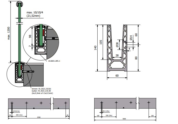 Glazen balustrade profiel 1,0 kN OnLevel TL-6021 – Alu / Zwart / RAL 4 Glazen balustrade profiel 1,0 kN OnLevel TL-6021 – Alu / Zwart / RAL - Afbeelding 2