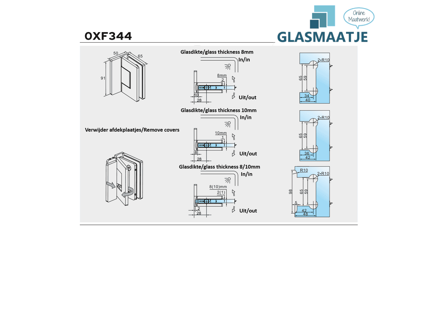 Oxford beslagset douchedeur - wand/glas - glasdikte 8-10mm 12 oxford beslagset