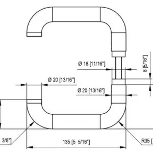 Deurkruk U-vorm met ronde klink - technische tekening