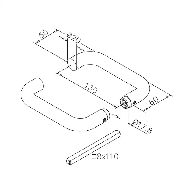 Beslag deurkruk set U-vorm (90°) RVS 5 Beslag deurkruk set Rechte vorm (90°) RVS - technische tekening