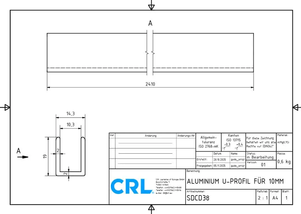 U-profiel voor vast douchepaneel - 6 tot 10mm glas - 2,4 meter 30 U-profiel voor vast douchepaneel -10mm glas - technische tekening